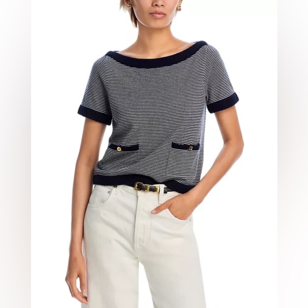 FRAME The Cashmere Boat Neck Top in Navy Multi, Size M